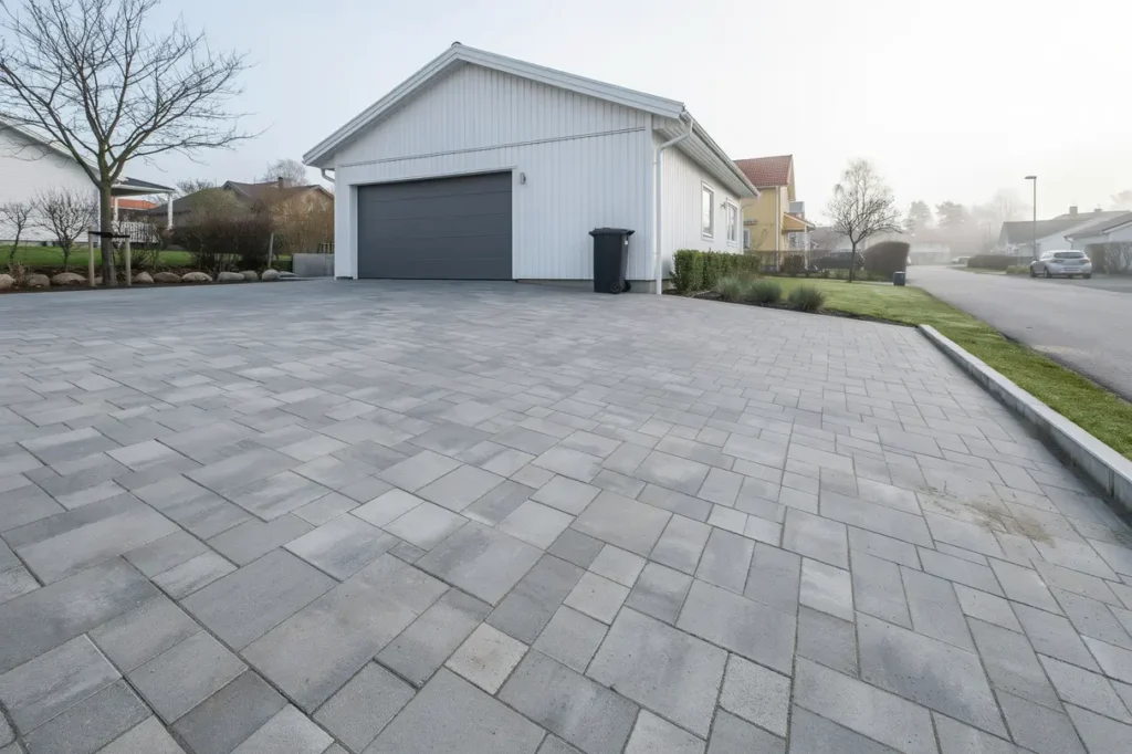 markstensl ggning runt garage och parkeringsyta i jordbro